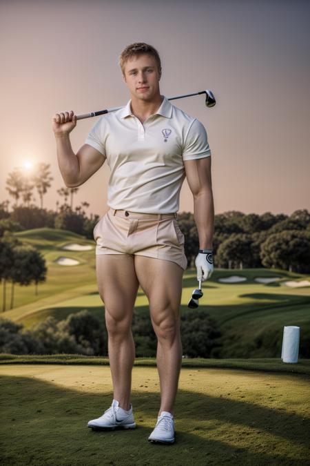 00007-2443082394-photo of male sc_abe  _lora_sc_abe-06_0.75_ posing outdoors on a golf course, wearing fitted polo shirt and shorts, resting golf.png